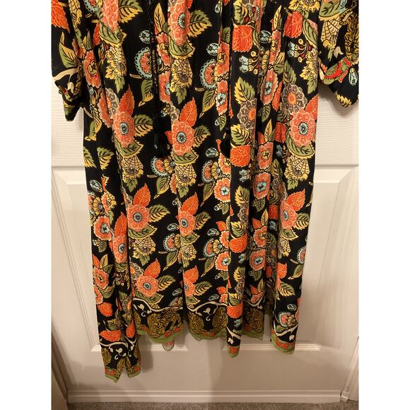 Rhode Resort 100% Silk Orange Floral Red Trim V-neck Maxi Kaftan Dress, M - Picture 3 of 9